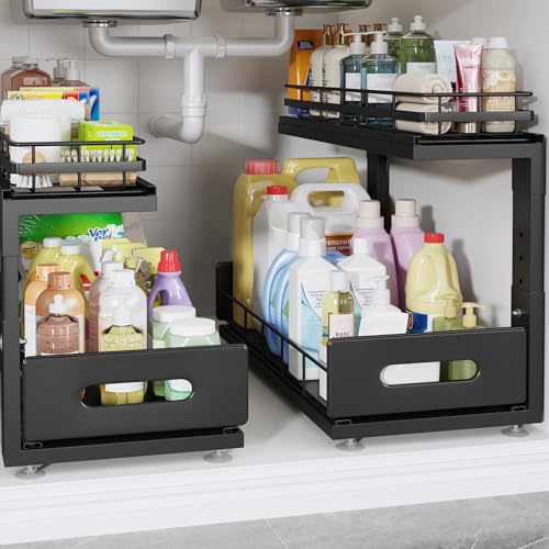 Under Sink Organizer Upgrade To Professional Rails,2-Tier Dual Pull Out Cabinet Storage,Height Adjustable Slide Out Drawers For Bathroom Kitchen,2 Pack-18.5"Dx12.8"-16.9"H,Black - color: Black, size: 2 Pack-18.5"Dx12.8"-16.9"H