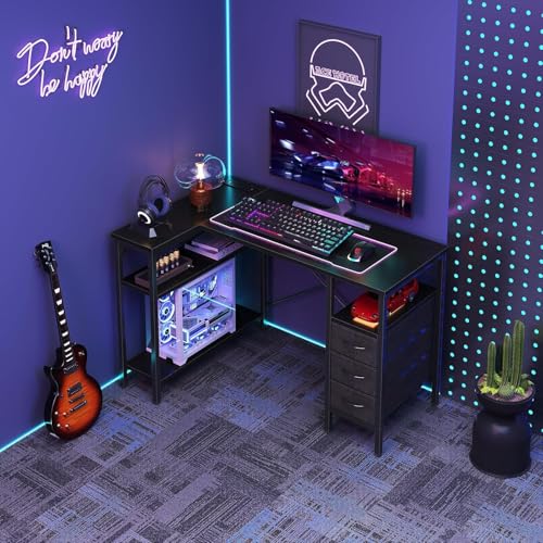 Alpen Computer Desk with Drawers, L Shaped Desk for Bedroom with Power Outlets, Gaming Table with Storage Shelves, Corner Desk for Gaming, Study Writing PC Table, 55 Inch, Black - color: Black, size: 55 Inches