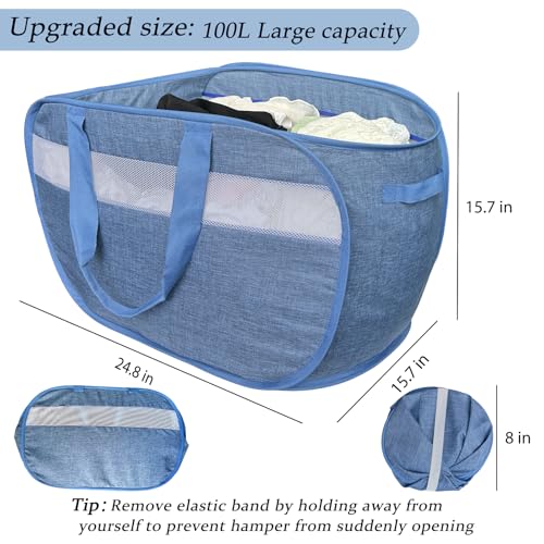 100L Mesh Pop Up Laundry Hampers with Handles, Extra Large Collapsible Laundry Baskets 2 Pack, Portable Travel Laundry Basket, Dirty Clothes Hamper Light Breathable, Bule. 2H - color: Blue, size: 2-Pack Horizontal