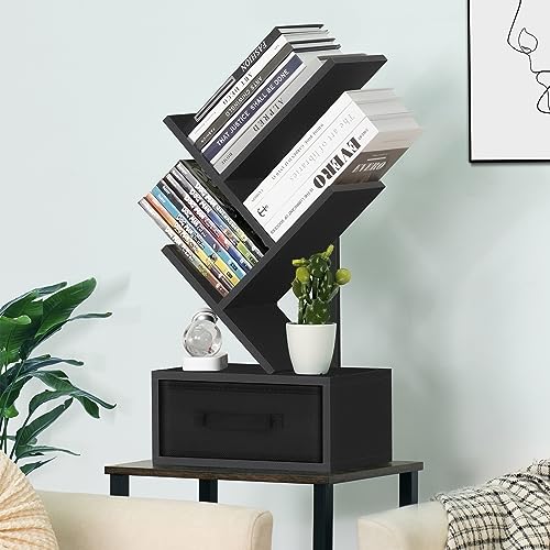 SHEEPAM Small Book Shelf with Drawer,4 Tier Black Tree Bookshelf,Wooden Desktop Bookcase,Modern Desk Display Storage Bookshelves,Floor Standing Organizer Bookcases for Living Room,Bedroom,Office - color: Classic Black, size: 4 Tier