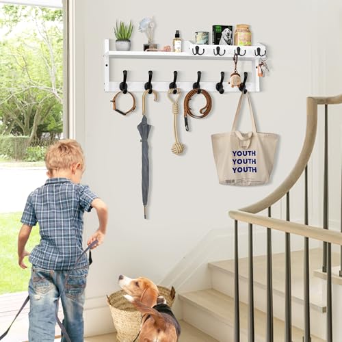 Coat Rack Wall Mount with Shelf, 27.5" Entryway Wall Hanging Shelf, Coat and Key Hanger with 10 Dual Hooks, Mail Organizer and Key Holder Hat Rack for Wall, Wood Coat Hooks with Storage - color: White