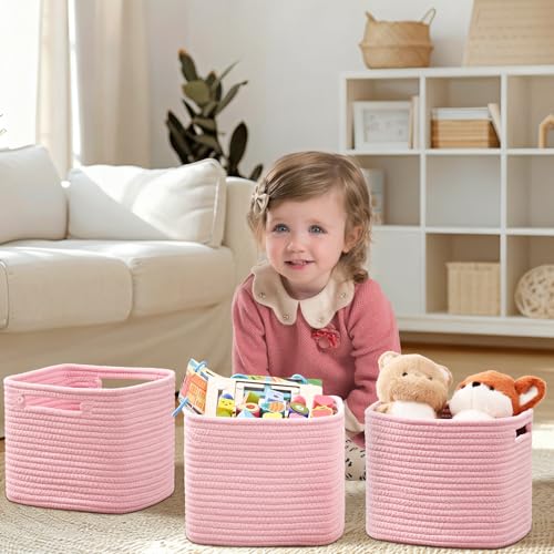 3 Pack Cube Storage Bin, 9”x9”x7” Cotton Rope Woven Baskets for Organizing Toys Clothes Towels, Square Gift Storage Baskets for Shelves, Nursery, Closet, Bathroom, Pantry (Pink) - color: Pink, size: 9" x 9" x 7"