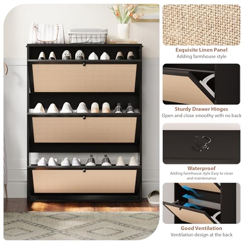 AVZEAR Narrow Shoe Storage Cabinet for Entryway with Natural Linen Panel, Freestanding Slim Shoe Cabinet with 3 Flip Drawers, Wood Shoe Organizer Closed Shoe Rack for Hallway, Living Room(Black) - color: Black, size: 3 Drawers Single Layer