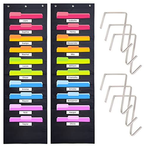 Hippo Creation Storage Pocket Chart for Classroom, 10 Pocket Storage Organizer with 6 Over-Door Hangers, Hanging Wall Organizer for File Folders, School Mailbox, Home Office Papers - Black, 2 Pack - color: Black - Pack of 2 (10 Name Tag Pockets)