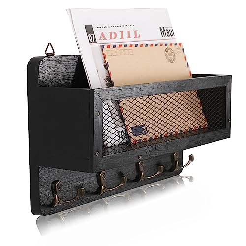 ADIIL Mail and Key Holder for Wall Decorative, Wooden Wall Mount Key Rack Hanger Organizer with 4 Double Key Hooks, Rustic Home Decor for Entryway Hallway, Black - color: Black