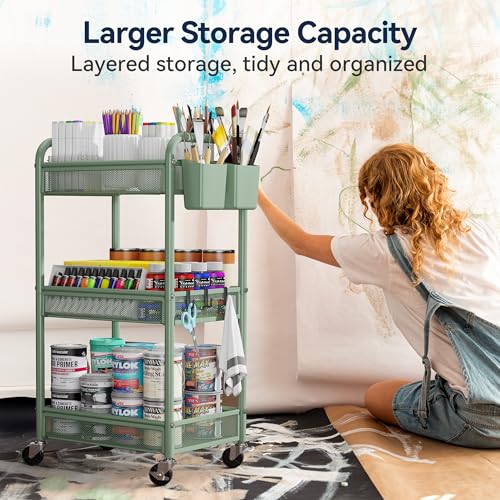 YASONIC 3 Tier Rolling Cart – Metal Utility Storage Carts with Wheels, Craft Carts Organizer with Hanging Cups, Hooks, Mesh Basket for Bedside Kitchen Office Art, Green - color: Green
