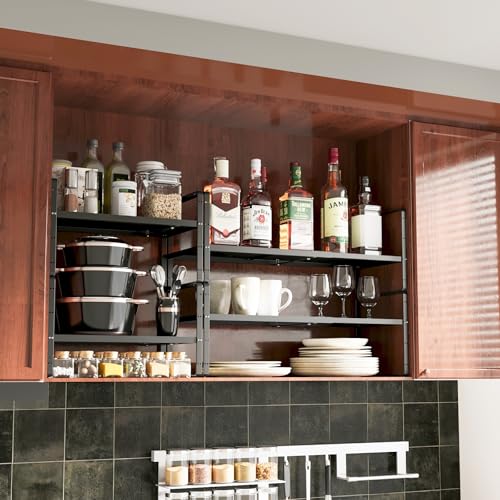 16.5~27.1" Expandable Shelf Organizer, 1Pack 10.2" Wide Stackable Cabinet Shelf Organizers, Black Metal Sturdy Kitchen Counter Storage for Countertop, Adjustable Height Spice Rack - color: Black, size: 1Pack-10.2''W-Holeless