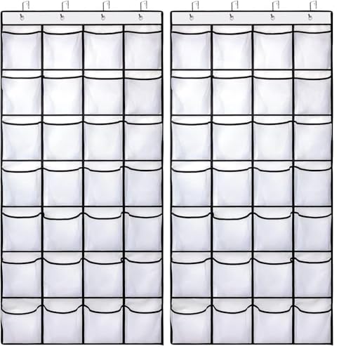 28 Large Pockets Over The Door Shoe Organizer, Hanging Shoe Organizer for Closet, Premium Clear Shoe Rack for Door, Shoes Hanger Organizers Storage Holder for Back of Door and 4 Metal Hook White - color: White, size: 28 Pockets (Pack of 2)