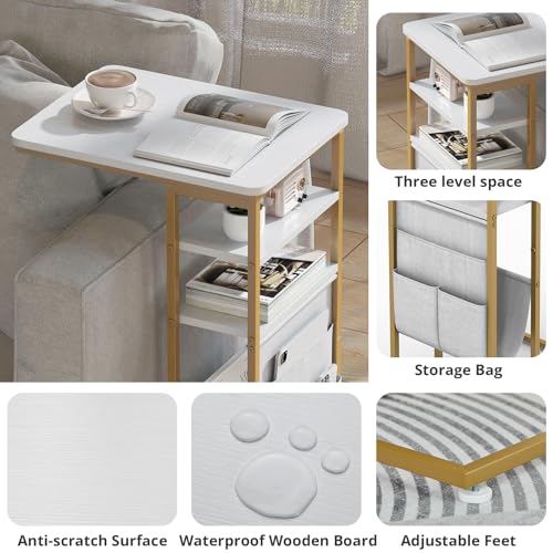 C Shaped End Table 28"(H) 3-Tier C Table with Storage Bag, Under Couch Table C-Shaped End Table with Storage Shelves and Bag for Living Room, Bedroom, or Office - color: Gold, size: Wood