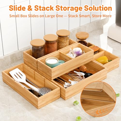 SpaceWhisper Bamboo Drawer Organizer, 5-Piece Drawer Divider with Removable Dividers for Organization and Storage, Multi-Use Stackable Storage Box & Utensil Holder for Kitchen, Office, Makeup & More