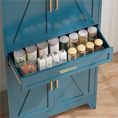 COFaR 71'' Tall Metal Pantry Cabinet with Drawer, Kitchen Storage Cabinet with 4 Doors and Shelves, Freestanding Farmhouse Food Cupboard for Kitchen Dinning Room Garage, Peacock Blue 6-Tier - color: Peacock Blue, size: 71 Tall 4 Doors 1 Drawer-Tree Door