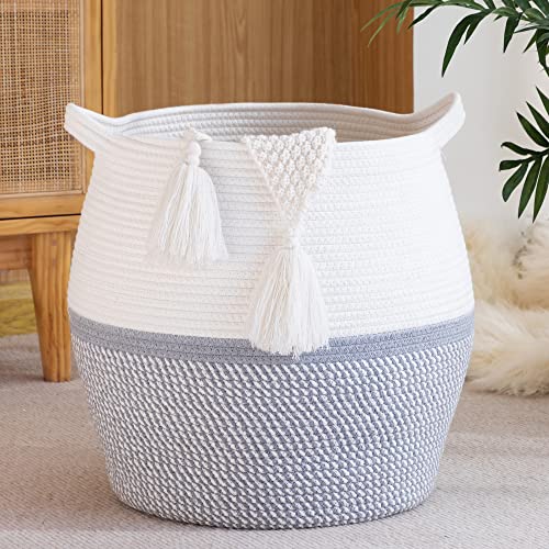 KAKAMAY Woven Baskets for Storage(17"x17"),Large Cotton Rope Woven Baby Laundry Hamper,Collapsible Laundry Basket, Blanket Basket for Organizing Living Room,Nursery,Pillows,Toy Chest(Grey) - color: Grey