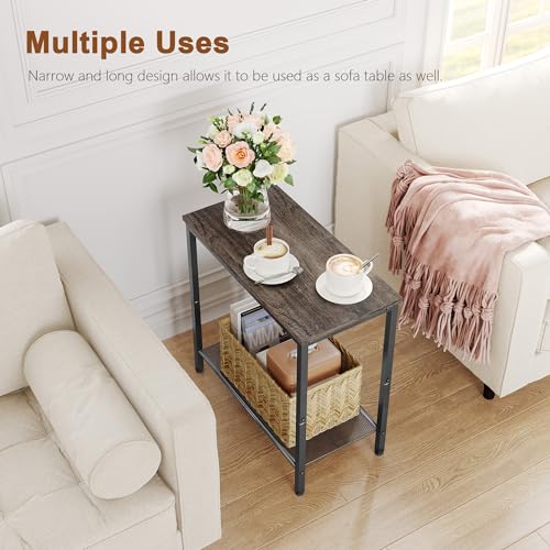 Hoctieon 2 Tier End Table, Sofa Side Table, Narrow Side Table with Storage, Slim Nightstand for Small Spaces, Metal Frame, for Living Room, Bedroom, Sofa Couch, Hall, Grey - color: Grey, size: 1 Pack