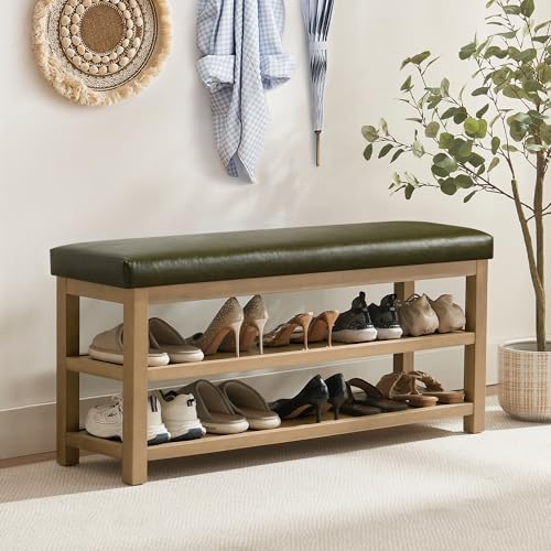 Zihanhome Shoe Rack Bench with Leather Cushion, 2 Tier Solid Wood Storage Bench, Mid-Century Modern Shoe Bench for Entryway, Hallway, Closet, Front Door Entrance, Foyer (Green, 46.5) - color: Green, size: 46.5"
