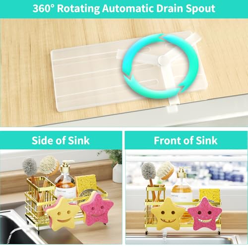 HapiRm Sink Caddy Sponge Holder - Self-draining Kitchen Sink Organizer with Smiley Face and Brush Holder, Stainless Steel Kitchen Sponge Caddy for Countertop - Gold - color: Gold, size: with Smiley Face Sponge Holder