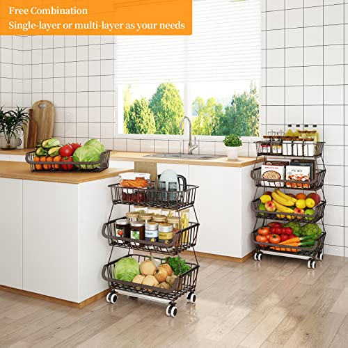 Miyawell Fruit Vegetable Storage Basket for Kitchen - 4 Tier Stackable Metal Wire Baskets Cart with Rolling Wheels Utility Fruits Rack Produce Snack Organizer Bins for Pantry Bathroom Laundry Bronze - color: 4 Tier-bronze