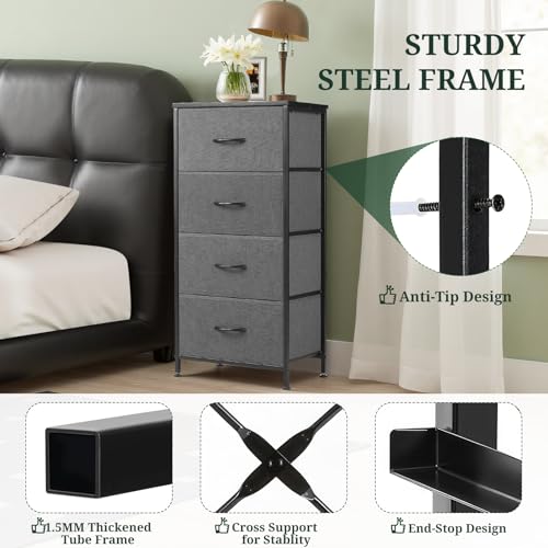 Nightstand, 4 Drawer Dresser End Table Bedside Furniture with Wooden Top Steel Frame Fabric Bins for Bedroom, Closet, Entryway, Dorm, Living Room, Gray - color: Grey, size: 11.8"D x 17.7"W x 37.4"H (4 Drawers)