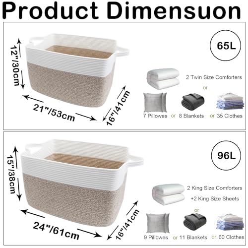 Large Blanket Basket,Woven Rope Basket Storage Bin with Handles,65L Rectangle Laundry Basket for Magazines,Toys,Clothes,Newspaper Shelf Organization,Nursery and Living Room,White & Brown - color: White & Brown, size: 21"x16"x12"(65L)