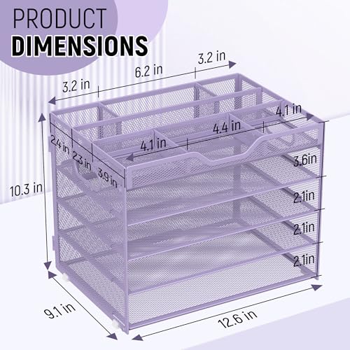Docnest 5 Tier Mesh Desk Organizer- Letter Tray with Adjustable Compartments, Mesh Desktop Storage Built in Pen Holder and Handles, Desk Organizer Tray for Mail Documents Office Supplies–Purple - color: Purple