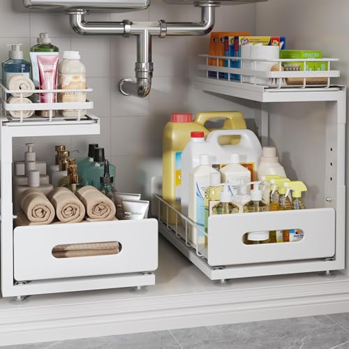 Under Sink Organizer Upgrade To Professional Rails,2-Tier Dual Pull Out Cabinet Storage,Height Adjustable Slide Out Drawers For Bathroom Kitchen,2 Pack-14.5"Dx12.8"-16.9"H,White - color: White, size: 2 Pack-14.5"Dx12.8"-16.9"H