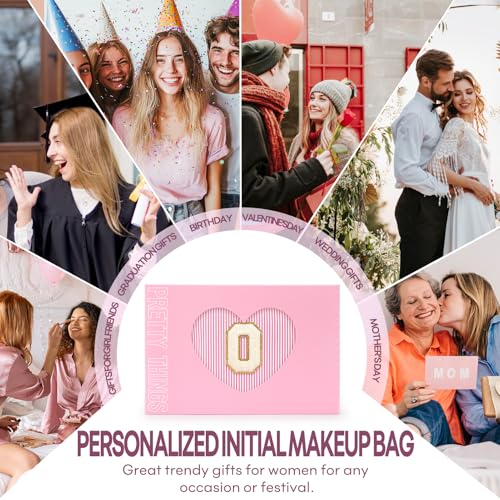 2 PCS Initial Makeup Bags for Women: Cosmetic Bag for Travel Toiletry - Birthday Gifts for 11 12 13 14 15 16 17 18 Years Old Girl Graduation Teacher Gift- Teen Girl Gifts Trendy Stuff - Pink O - color: Pink, style: O