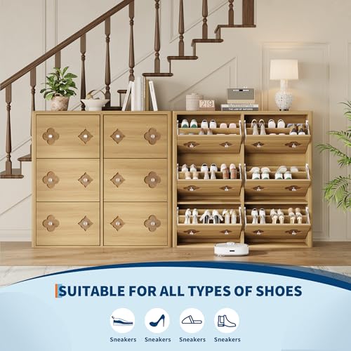 GarveeHome Shoe Storage Cabinet with 6 Flip Drawers, Narrow Wood Shoe Organizer Cabinet with Floral Pattern, Freestanding Slim Shoe Rack Cabinet with Adjustable Shelves, for Entryway, Hallway, Natural - color: Natural Wood Color, size: 6-Drawers