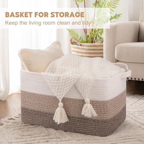 OIAHOMY Large Blanket Basket, 65L Cotton Rope Woven Laundry Basket, Toy Bin for Baby Room, Container for Blanket Storage in Living Room, 20''×16''×12'', Gradient Brown - color: Gradient Brown, size: 65L