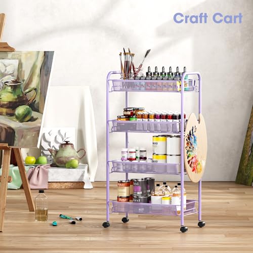 TOOLF 4-Tier Rolling Cart, Metal Utility Cart with 3 Hooks, Easy Assemble Mobile Storage Trolley On Wheels, Metal Shelving Units Kitchen Bathroom Laundry Room - color: Purple, size: 4-Tier