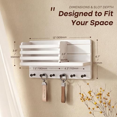 Rebee Vision Farmhouse Pine Wood Key Holder Wall Mount - Key Holder for Wall with Storage Shelf & 6 Hooks - Decorative Mail Organizer with Round Corner for Home Decor (White) - color: White