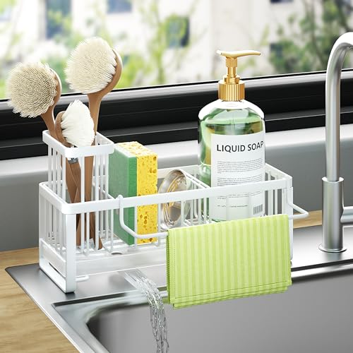 HapiRm Sponge Holder for Kitchen Sink - Self-draining Sink Caddy with Brush and Dishcloth Holders, Stainless Steel Kitchen Organizer for Countertop - White - color: White, size: with Dishcloth Holder