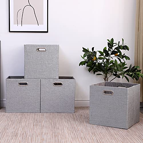 Cube Storage Bins 13×13x13 Inch Linen Foldable Box with Handles, Collapsible Organization Basket Set of 4 Large Capacity Grewer for Closet Shelf Cabinet Bookcase Bedroom, Silver Grey - color: Grey