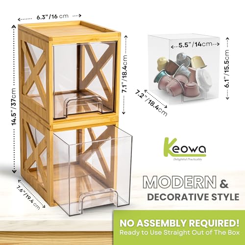 Stackable Bamboo Snack Drawer Organizer (2 Pack) – Pull-Out Storage Bins with Clear Acrylic Drawers – Pantry Storage for Snacks, Coffee Pods, Spices & K-Cups