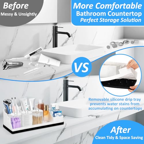 Bathroom Counter Organizer, White Silicone Toothbrush Holders for Bathrooms Organizer Countertop with 3PCS Qtip Holder, Toothbrush and Toothpaste Holder for Bathroom Organization Storage Vanity - color: White Black With 3pcs Clear Dispenser
