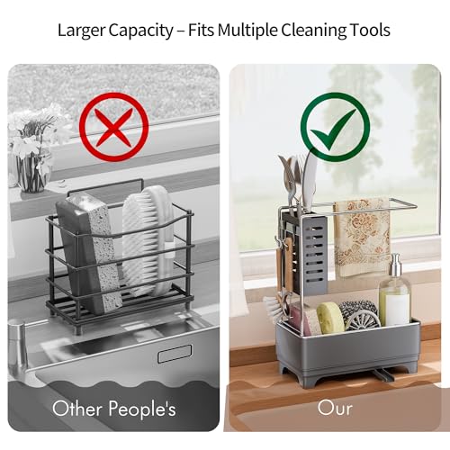 MOUKABAL Sponge Holder for Kitchen Sink, 2-Tier Sink Caddy Organizer with Drain Holes and Hooks, Holds Dishcloth, Sponge & Brushes, Kitchen Countertop Storage for New Home Essentials Grey - color: Grey 2