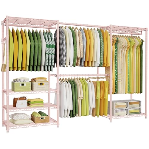 Ulif E1 Heavy Duty Closet Garment Rack, 6 Tiers Adjustable Metal Freestanding Expandable Clothing Storage with 4 Hanger Rods, Easy to Assemble Wardrobe, 71.4" H x (70" - 88.2") L x 14" D, Pink - color: Pink