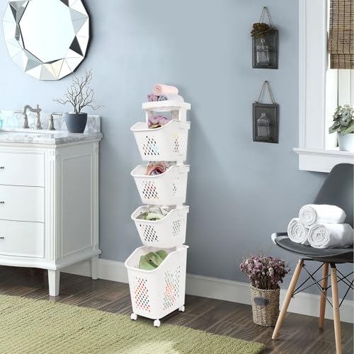 4-Tier Plastic Laundry Hamper Sorter with Wheels,Tiered Laundry Basket Organizer with 4 Removable Baskets,Rolling Laundry Storage Cart for Bathroom,Bedroom,Kitchen (4-Tiers) - color: 4-Tiers