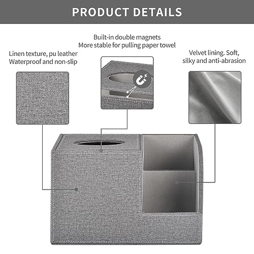 Square Tissue Box Cover Organizer,PU Leather Cube Tissue Box Holder with 2-Compartment Storage Box,Tissue and Remote Control Holder,Decorative Tissue Box Bedroom NightStand Office Tabletop,Grey - color: Grey