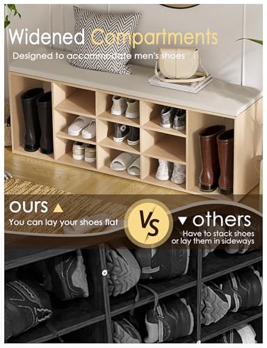 DINZI LVJ Shoe Storage Bench with Cushion, 13-Cubby Shoe Rack, Adjustable Shelves, Multifunctional Shoe Organizer Bench for Entryway, Mudroom, Hallway, Living Room, Bedroom and Garage, Natural - color: Natural, size: 13 Cubby