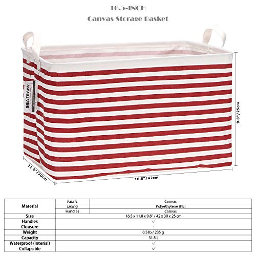 Sea Team Collapsible Canvas Fabric Storage Basket with Handles, Rectangle Waterproof Storage Bin, Box, Cube, Foldable Shelf Basket, Closet Organizer, 16.5 x 11.8 x 9.8 Inches, Red Stripe - color: Stripe/Red, size: 16.5 Inch (Pack of 1)