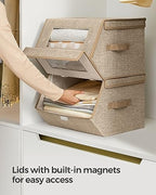 SONGMICS Stackable Storage Bins Set of 2, Storage Boxes with Lids and Front Windows, Non-Woven Fabric Closet Organizers with Magnetic Closures, Side Handles, Sand Beige URLB002Y01 - color: Sand Beige