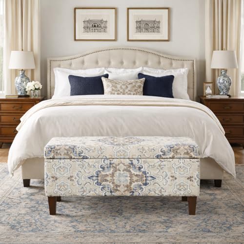 HomePop Ottomon Upholstered Rectangular Storage Ottoman Bench with Hinged Lid, Brown and Cream Large - color: Brown and Cream