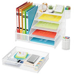 Marbrasse Desk Organizer with File Holder, 5-Tier Paper Letter Tray Organizer with Drawer and 2 Pen Holder,Mesh Desk Organizers and Accessories,Desktop Organizer and Storage for Office Supplies(White)