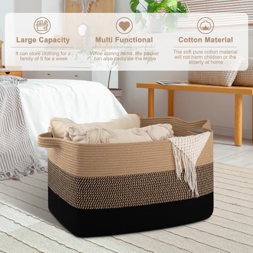 OIAHOMY Extra Large Blanket Basket, 95L Cotton Rope Woven Laundry Basket, Toy Bin for Baby Room, Container for Blanket Storage in Living Room, 24''×17''×14'', Brown & Black - color: Brown & Black, size: 95L
