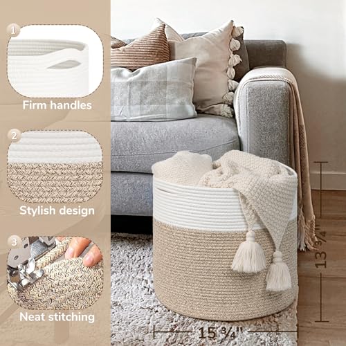 Goodpick Woven Rope Basket 15.8 x 13.8 inches, Toy Storage for Organizing, Blanket Basket Living Room, Toy Bin for Playroom, Light Brown - color: Light Brown, size: 15.8x15.8x13.8 Inch (Pack of 1)