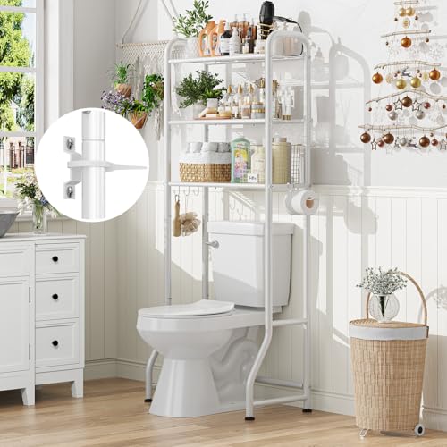 Simple Trending Over The Toilet Storage Rack, Metal 3 Tier Bathroom Organizer Shelf with Paper Holder and 3 Hooks, Freestanding Shelf Space Saver Above Toilet, White - style: 3 Tier White