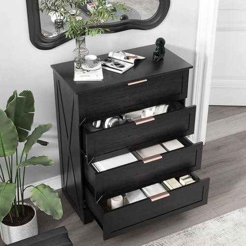 FTZxHKLX Modern 4 Drawer Dresser for Bedroom, Tall Bedroom Dresser with Large Drawer & Rose Gold Handles, Wooden Storage Organizer Cabinet Chest of Drawer for Closet, Living Room, Hallway, Black - color: Black