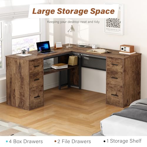 HSH L Shaped Computer Desk with File Drawers, Large Metal Wood L Shape Table with Storage Cabinet Shelves, Reversible Corner Home Office Executive Writing Study Workstation Desk, Rustic Brown, 59 Inch - color: Rustic Brown