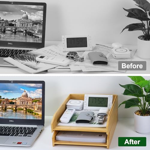 MultiBey A4 Bamboo Stackable Paper Tray 2-Pack, 2-Tier Anti-Toppling Desk Organizer, Wooden Letter Document Magazine Tray Desktop File Folder Holder for Office & Home Supplies