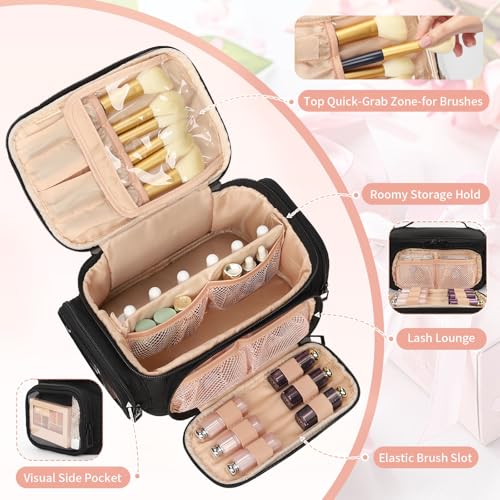 OCHEAL Makeup Bag,Travel Makeup Organizer Bag for Women with Zipper Pouch and Side Pocket, Multifunctional Compartments and Dividers,Toiletry Make up Case for Toiletries, Brushes & Beauty Tools-Black - color: 001_Black with multi-pocket, size: Medium