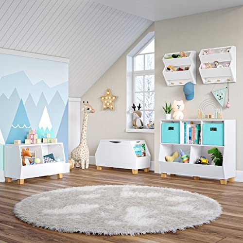RiverRidge Kids Catch-All Collection Toy Box with Side Book Shelves Child-Safe Toy Storage Organizer With Childrens Bookshelf Side Slots For Kids Game And Book Storage - White - color: White